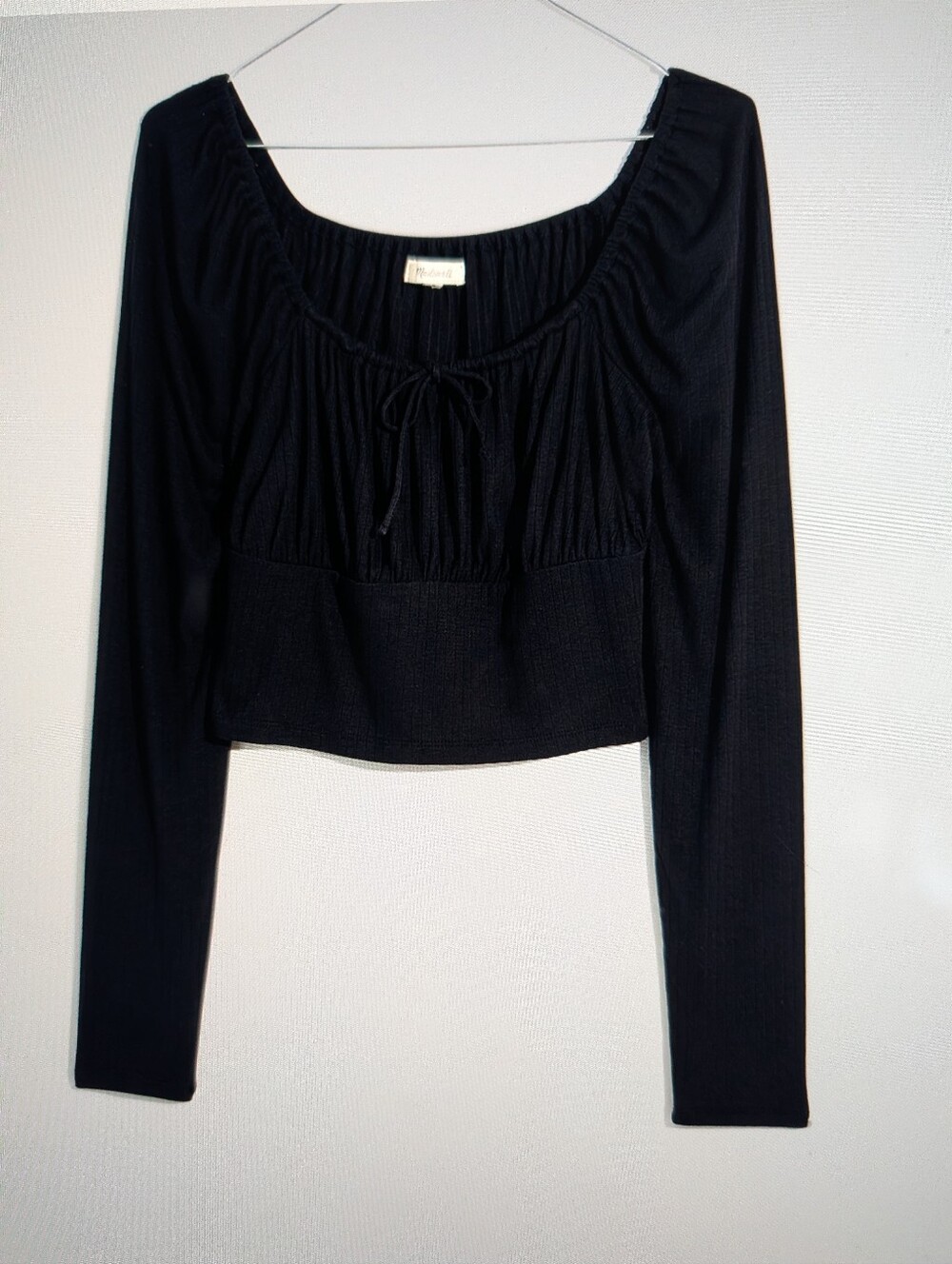 Madewell Ribbed Cropped Long Sleeve Top Black Off Shoulder Tie Front Size S - Picture 2 of 9